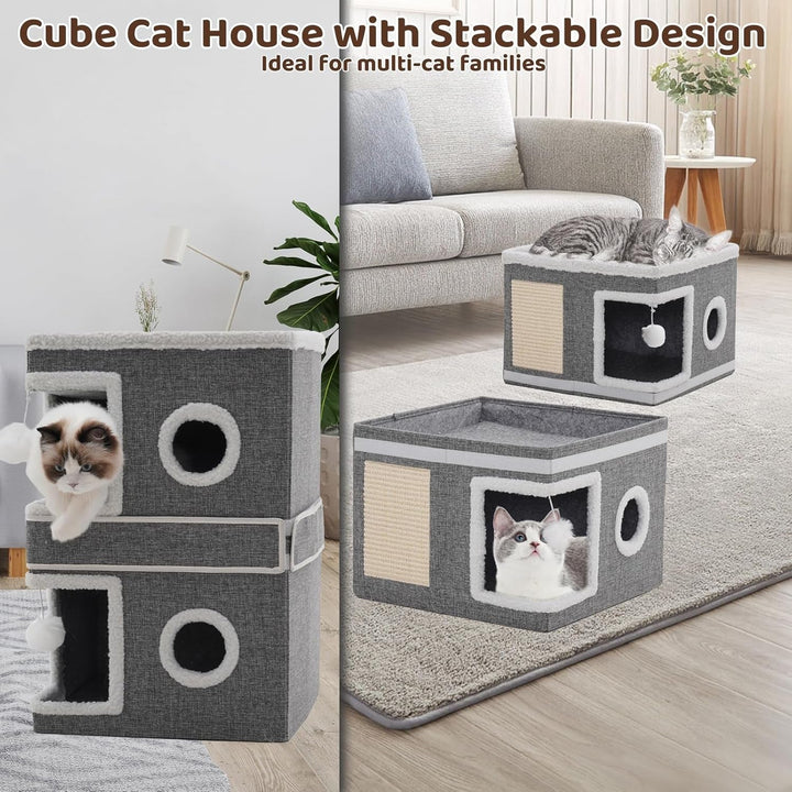 Căsuță pentru pisici de interior, Peșteră pentru pisici multiple, Căsuță pliabilă pentru pisici cu zgârietură, Minge de joacă, Căsuță cubică cu trei etaje, Gri 40 x 40 x 63 cm