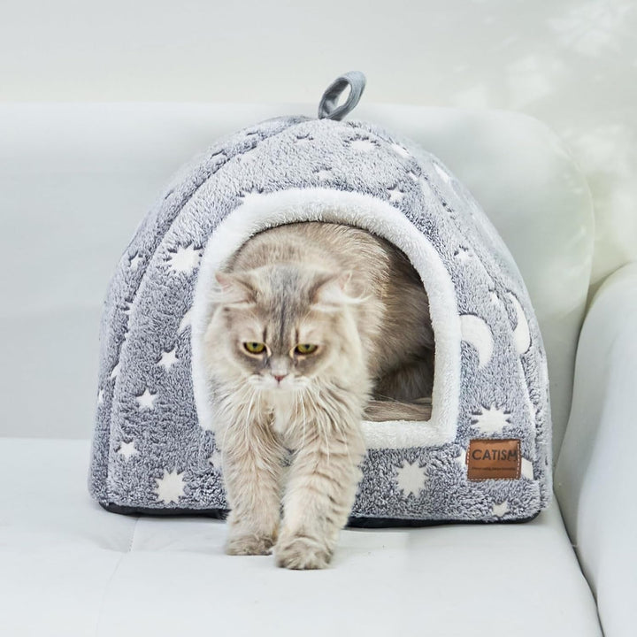 CATISM Peșteră Fluorescentă pentru Pisici - 40 x 40 x 38 cm Pat Luminos pentru Pisici Căsuță pentru Pisici Peșteră Pufoasă, Pliabilă, Lavabilă Loc de Dormit Confortabil pentru Pisici, Pisici, Căței, cu Pernă Detașabilă