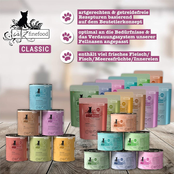Catz Finefood Classic Collection Mix-Pack Hrană umedă pentru pisici - Delicatessen Hrană umedă pentru pisica dumneavoastră fără cereale și zahăr cu conținut ridicat de carne, 24 X 85G Bag