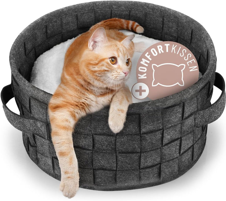 Căsuță pentru pisici Reavet Miezen-Koje - Peșteră din fetru cu pernă pentru pisică | Extra moale și pufoasă | Pat pentru pisică care se potrivește pe rafturi de 33 x 33 x 33 cm, Loc de dormit pentru pisici cu pernă confortabilă