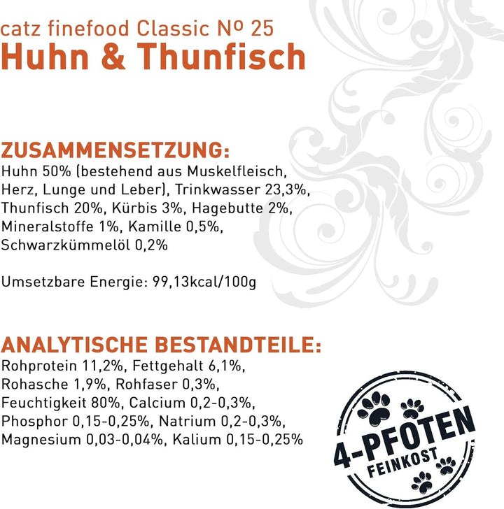 Catz Finefood N° 25 Chicken & Tuna Deli Hrană umedă pentru pisici, rafinată cu dovleac și măceșe, pungă de 16 X 85G