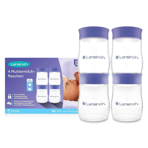 Lansinoh Muttermilchflaschen, 4 X 160 Ml - Zur Sicheren Muttermilch Aufbewahrung - Neues Kompaktes Design Für Verbesserte Stabilität - Mit Stapelbarem Deckel Accesorii Hrana si Alaptare Bebe Naty Shop