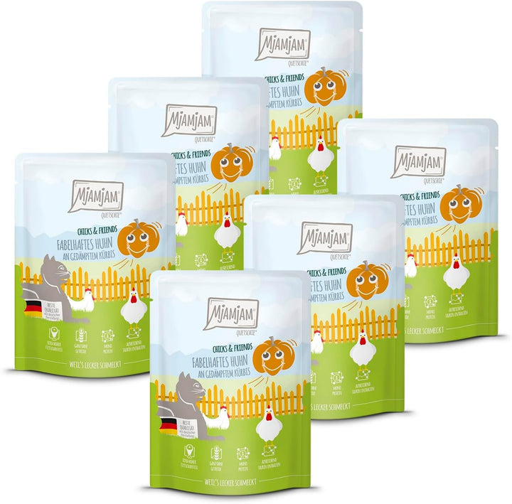 Mjamjam - Hrană umedă premium pentru pisici - Chicks & Friends Box, 9 pachete (9 X 300G), fără cereale și cu carne suplimentară