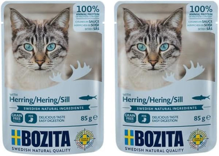 BOZITA Mărunțișuri de hrană umedă în sos cu hering 12X85G Pungă porționată - fără cereale - pentru pisici adulte (pachet cu 2)