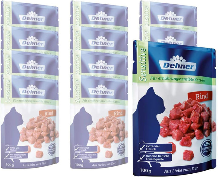 Dehner Premium Cat Food Sensitive, hrană umedă fără cereale, pentru pisici adulte sensibile din punct de vedere nutrițional, pui, pungi de 12 X 100 G (1,2 kg)