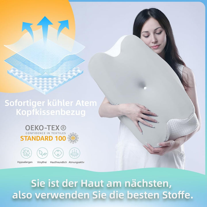 RUMMY Pernă ergonomică de susținere a gâtului din spumă cu memorie, cu husă detașabilă, lavabilă, pentru cei care dorm lateral și pe burtă (gri) Perne ortopedice cervicale Naty Shop