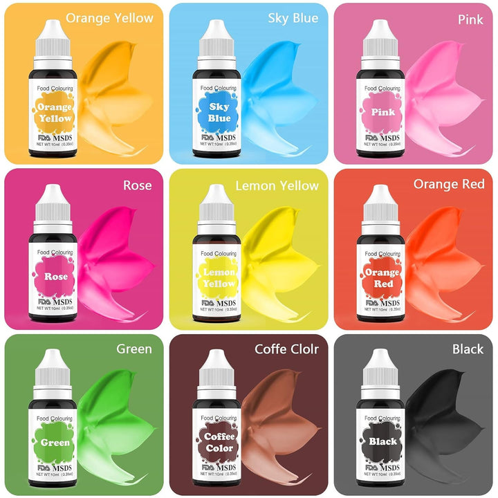 Colorant alimentar 9 x 10 ml, coloranți alimentari lichizi - set de coloranți alimentari pentru decorarea torturilor, macaroane, gogoși, fudge, glazură, săpunuri DIY, înghețată, colorant pentru săpun, colorant pentru pistol de pulverizare