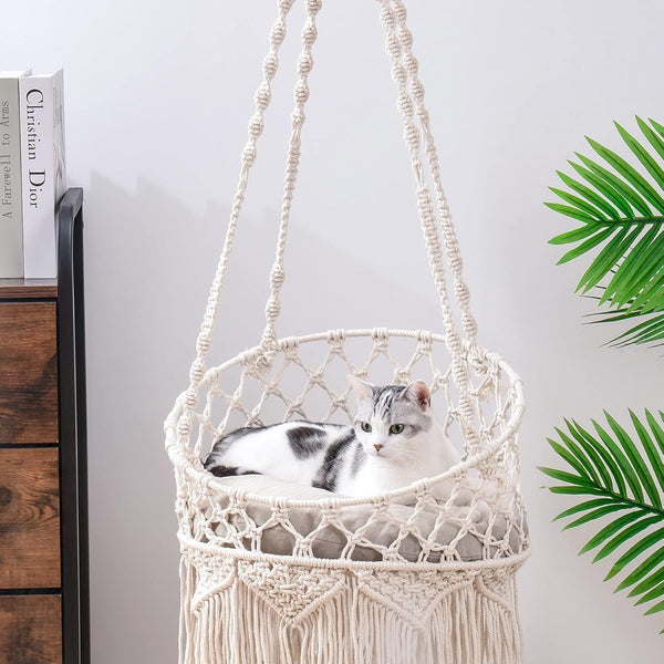 MEWOOFUN Hamac pentru pisici, țesut manual, din macrame - Leagăn pentru pisici de interior, pat decorativ suspendat pentru dormit, joacă și relaxare - Cuib de pisică, leagăn pentru animale de companie cu