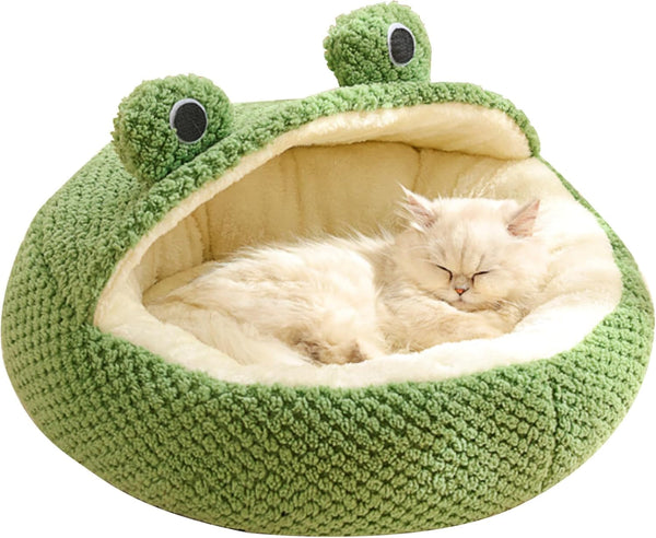 Pat pentru pisici cu broască, lung, de pluș, termic, de iarnă și toamnă, drăguț
