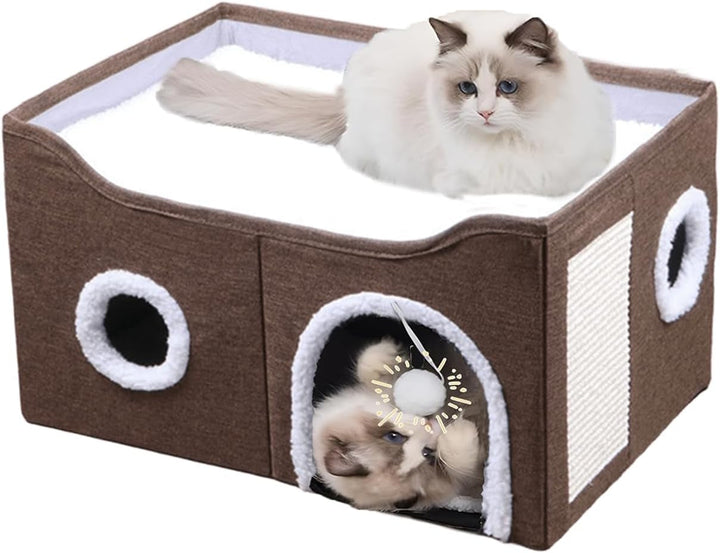 Peșteră pentru pisici, paturi pentru pisici, căsuță pentru pisici, peșteră pliabilă pentru pat de pisică cu scărpinat și minge de joacă, peșteră pliabilă pentru pat de pisică pentru dormit, ascundere, joacă și zgâriat (roz, mediu)