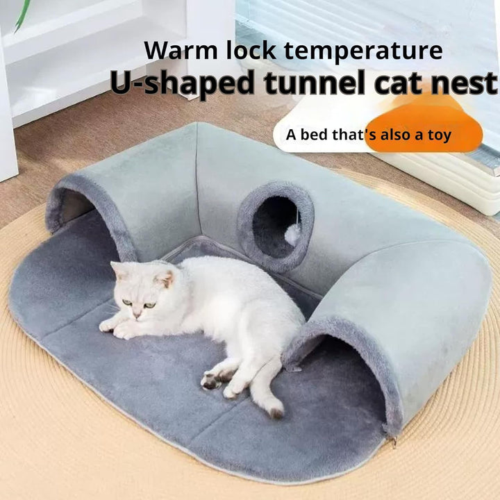 Tunel pentru pisici în formă de U, pat pentru pisici cu tub de joacă, jucărie de-a v-ați ascunselea lavabilă și detașabilă, combinație interactivă de joacă și somn pentru pisici de interior (mărime mică)