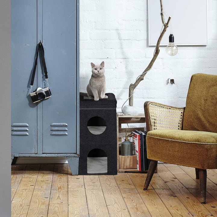 Peșteră pentru pisici Relaxdays, ÎxLxA: 76 x 40 x 40 cm, Căsuță pliabilă pentru pisici cu 3 niveluri, Ascunziș pentru pisici cu scândură, Negru