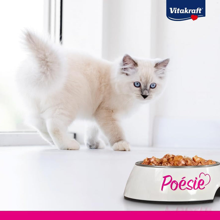 Vitakraft Poésie Délice, Junior, hrană umedă pentru pisici, hrană umedă în sos, cu pui, pentru pisici tinere, fără adaos de zahăr și cereale (1X 85G)