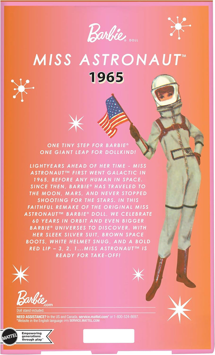 Mattel Barbie Miss Astronaut păpușă de colecție cu costum argintiu, cizme spațiale și accesoriu cască, reproducere vintage a originalului din 1965, JBJ48 Papusi Naty Shop
