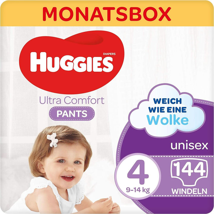 Huggies Ultra Comfort Pants mărimea 4, 9 - 14 kg, Pentru copii activi, Cu indicator de umezeală și tehnologie cloud waistband, 144 scutece Mama si Copilul Naty Shop
