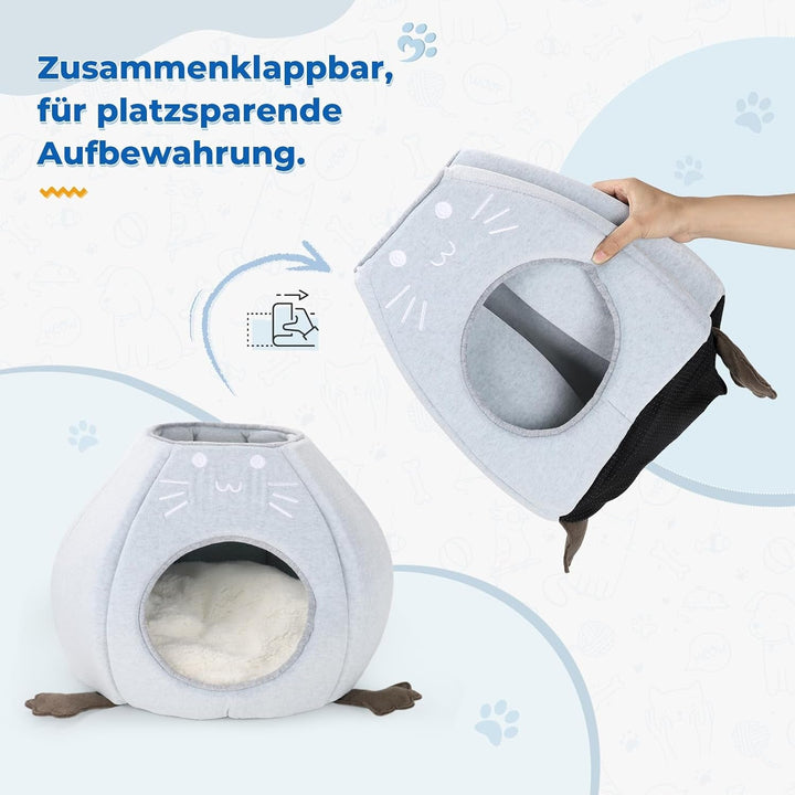 Pat pentru pisici, peșteră pliabilă pentru pisici, 40 x 40 x 35 cm (L x l x Î) căsuță pentru pisici de interior cu pernă detașabilă din sherpa, pat pentru pisici, cort pentru pisici de casă, albastru