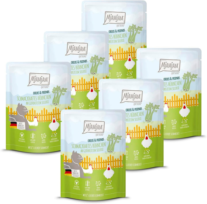 Mjamjam - Hrană umedă premium pentru pisici - Chicks & Friends Box, 9 pachete (9 X 300G), fără cereale și cu carne suplimentară