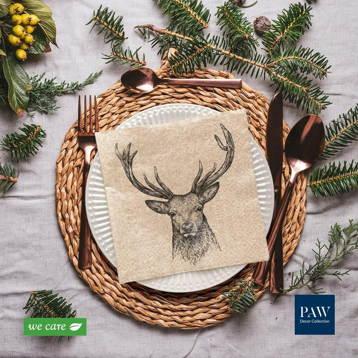 Collection de décoration de pattes X PAW DÉCORD COM LINES DE PAPIER CM avec 3 couches. 20 pièces. Imprimé avec des couleurs à base d'eau. Décorations de table. Nature, HIRSC, PAW_022022, cerf, 33 x 33 cm (package avec 3)