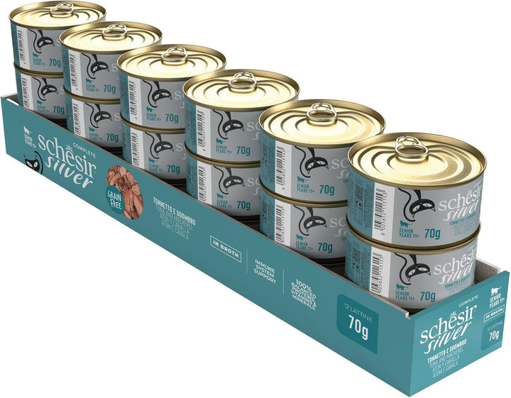 Silver, aromă de ton și macrou, hrană umedă completă pentru pisici în vârstă (12 cutii a 70 g)