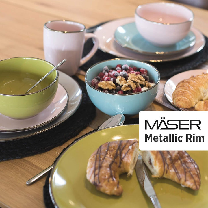 MÄSER Metallic Rim, Modernes Geschirr Set Für 4 Personen Mit Messingfarbenem Rand, 16-Teiliges Kombiservice Mit Randlosen Coupe-Formen, Steinzeug, Grau Seturi vesela masa Naty Shop