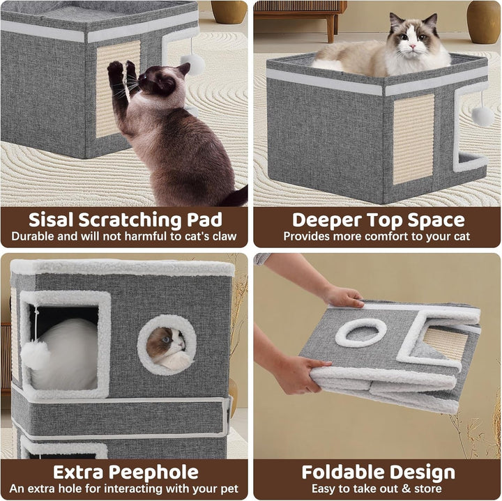 Căsuță pentru pisici de interior, Peșteră pentru pisici multiple, Căsuță pliabilă pentru pisici cu zgârietură, Minge de joacă, Căsuță cubică cu trei etaje, Gri 40 x 40 x 63 cm