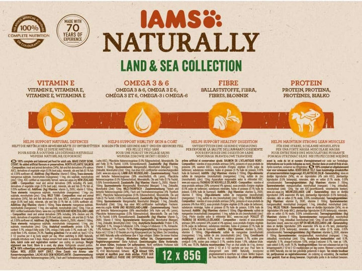 IAMS Naturally Cat Food Wet in Sauce - Hrană umedă de înaltă calitate cu carne și pește pentru pisici adulte, Land & Sea Collection, 12 X 85 G