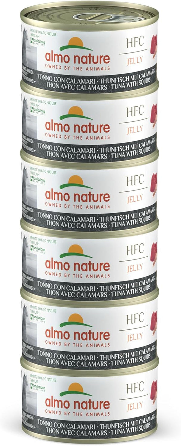 Almo Nature HFC Jelly - hrană umedă pentru pisici adulte - ton și calamar - de calitate umană, fără gluten - 6 X 70G