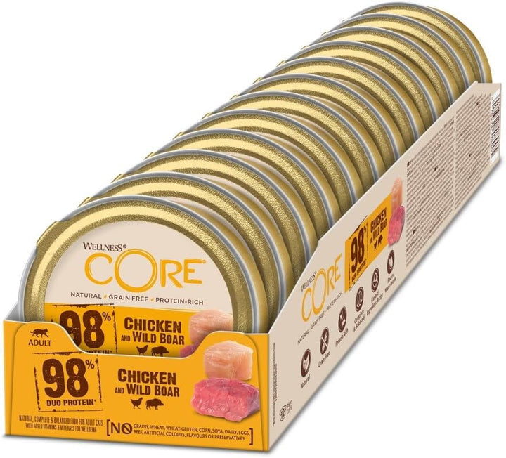 Wellness CORE 98% pui și somon, 12 X 85 G, hrană umedă premium pentru pisici adulte, pateu de hrană pentru pisici, fără zahăr adăugat, fără cereale, cu conținut ridicat de carne