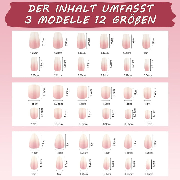 Set 288 bucăți unghii false Ombre Press-on - Kit unghii false artificiale Almond Square Medium Coffin - 3 stiluri gradient cu lipici pentru unghii acrilice pentru femei (Set gradient, 288 bucăți)