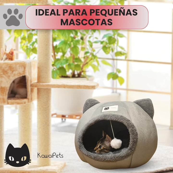 Kawaipets - Pat pentru pisici - Peșteră pentru pisici cu pernă interioară lavabilă și minge de jucărie - Pat pufos pentru pisici - Casă pentru pisici cu zgardă colorată cadou