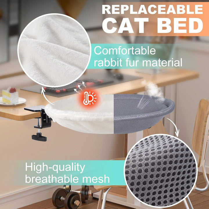 Pat pentru pisici Uross pentru birou - Rotabil la 360° și reglabil pe înălțime, Hamac moale pentru pisici cu 2 huse lavabile, Loc de dormit pentru pisici la birou - Utilizare pe tot parcursul anului (Bej)