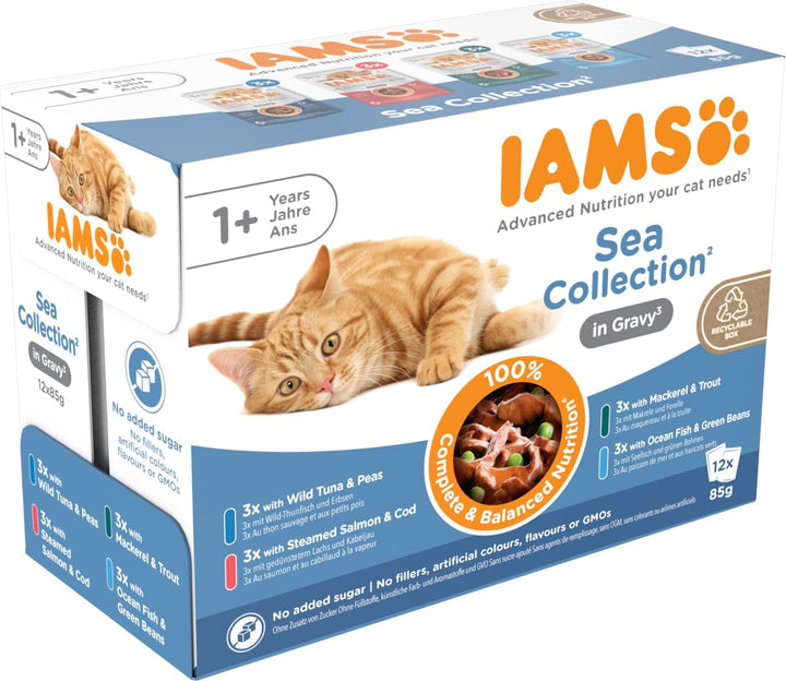 Hrană umedă pentru pisici IAMS Delights Sea Collection - Multipack cu sortimente de pește (somon, ton, macrou, pește de mare) în sos, hrană umedă pentru pisici de la 1 an în sus, 12 X 85G