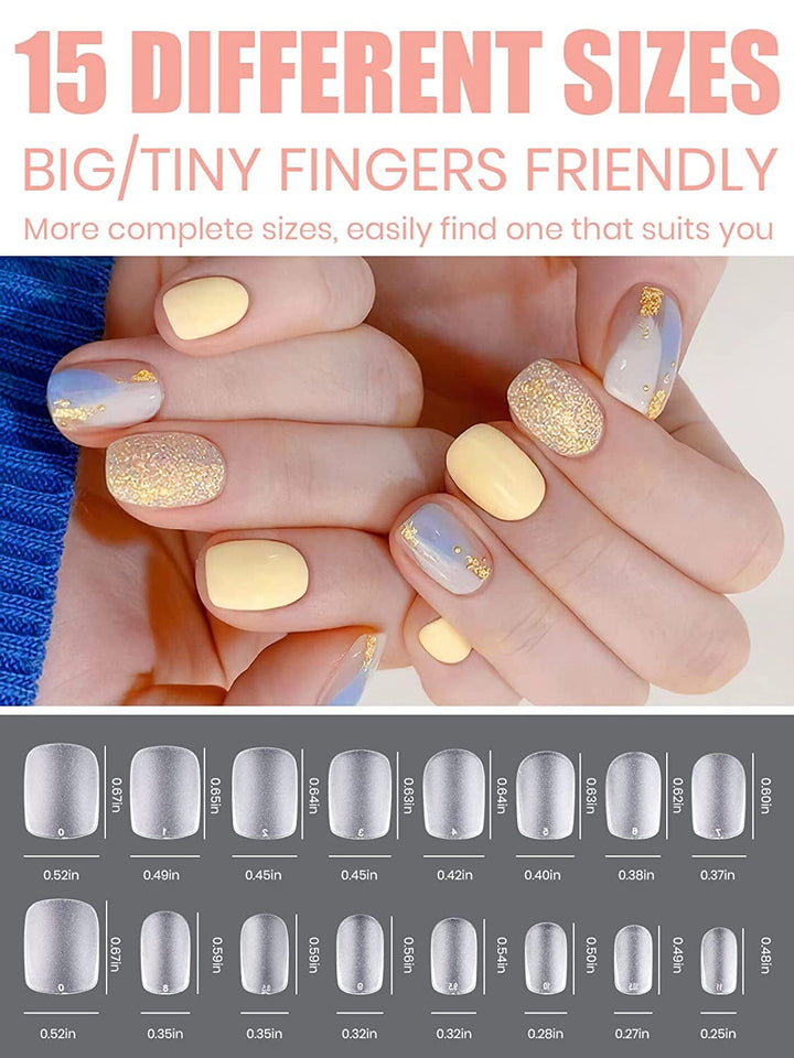 EBANKU 420 bucăți vârfuri de unghii scurte pătrate, vârfuri mate cu acoperire completă, vârfuri moi cu gel, vârfuri transparente pre-lustruite pentru unghii cu gel, vârfuri artificiale pentru extensii de unghii, 15 dimensiuni (scurte pătrate)