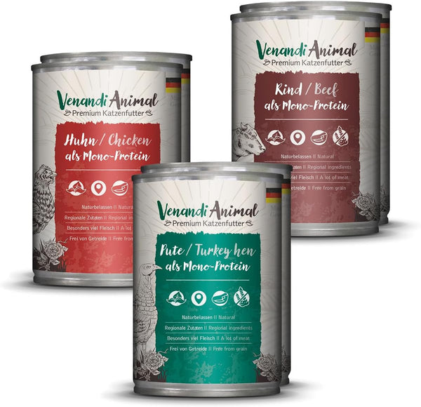 Venandi Animal - Hrană umedă premium pentru pisici, pachet degustare - pui, curcan, vită 6 X 400 G (pachet de 6), fără cereale și naturală