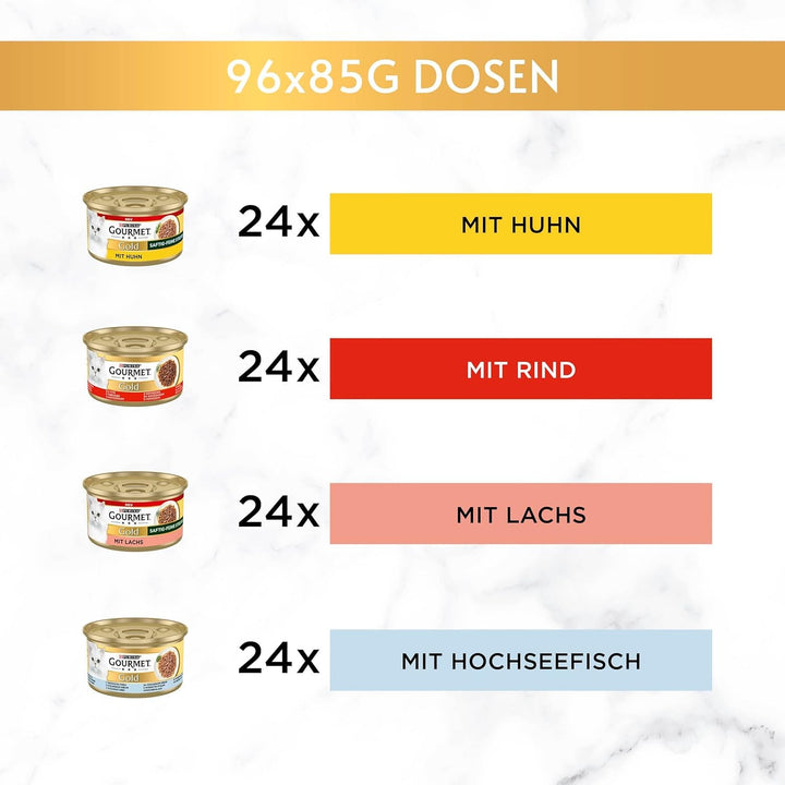 Gourmet Gold Juicy Fine Strips Hrană umedă pentru pisici, Variety Mix, pachet de 4 (4 X 24 cutii la 85G)