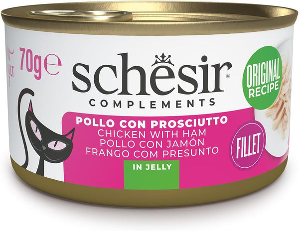 , File de pui cu șuncă în jeleu, Hrană umedă complementară pentru pisici, Rețetă originală, 100% naturală, 12 cutii la 70 G