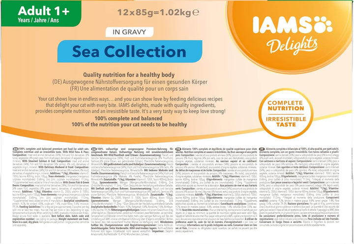 Hrană umedă pentru pisici IAMS Delights Sea Collection - Multipack cu sortimente de pește (somon, ton, macrou, pește de mare) în sos, hrană umedă pentru pisici de la 1 an în sus, 12 X 85G