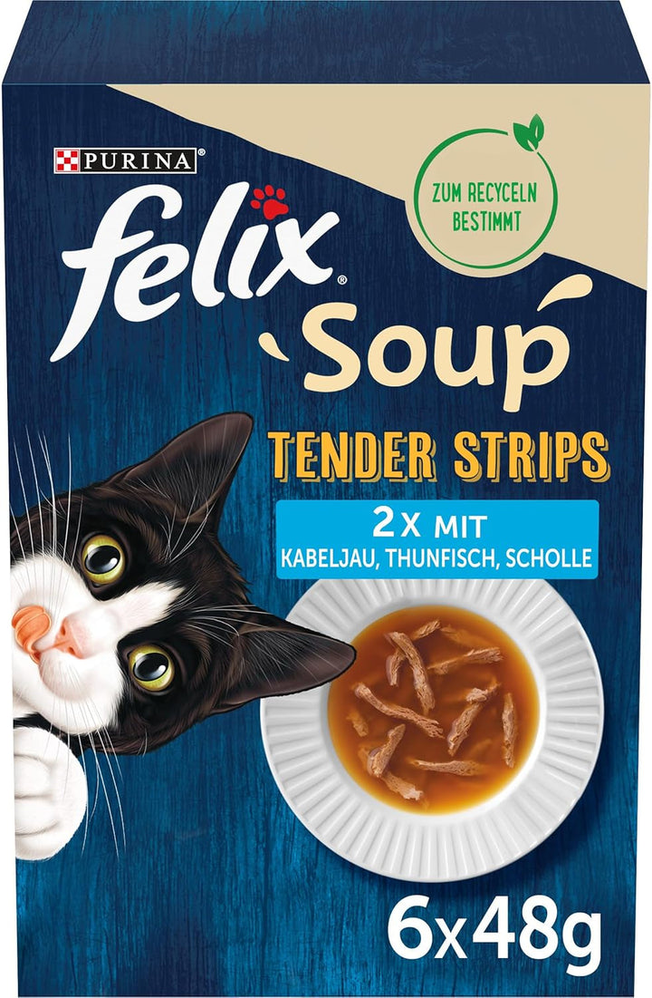 FELIX Soup Tender Strips, supă pentru pisici, varietate de arome de la țară, vită, pui, miel, 8-pachete (8X 6 pachete la 48 de grame)