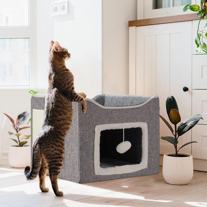 Peșteră Relaxdays pentru pisici, ÎxLxA: 32 x 40 x 40 cm, Zonă de zgâriat, Jucărie pentru pisici, 2 perne pentru pisici, Căsuță pliabilă pentru pisici, Gri