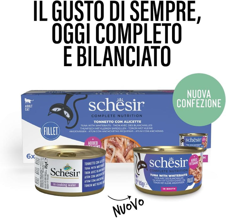 , Ton cu Alicette în bulion, hrană umedă completă pentru pisici, în conservă, cu vitamine adăugate, 100% naturală, 6 X 85 G