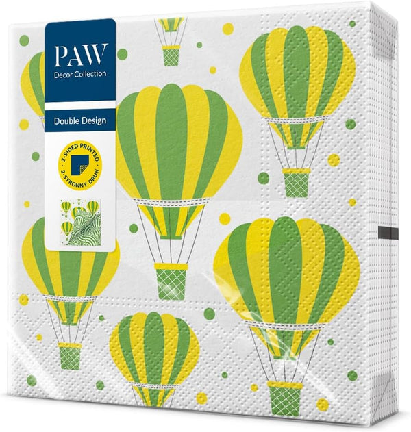 PAW - Șervețele față-verso 3 straturi (33 X 33 cm) I 20 bucăți I Perfect pentru zile de naștere, petreceri, nunți, comuniuni, sărbători I Decorațiuni de masă imprimate pe ambele părți - Flori boho păsări I Baloane dungate