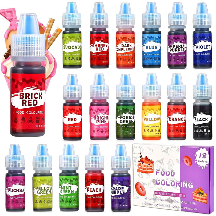 Colorant alimentar 18 culori x 6ml, colorant alimentar lichid pentru copt prăjituri, fursecuri, macaroane, băuturi, colorant alimentar foarte concentrat pentru ouă de Paște, slime DIY, obiecte de colorat artizanale