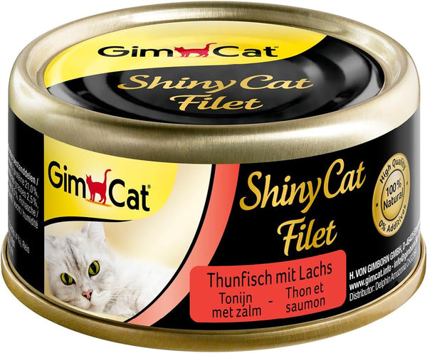 Gimcat Shinycat Fillet Tuna With Salmon - Hrană pentru pisici cu file suculent fără zahăr adăugat pentru pisici adulte - 24 cutii (24 X 70 G)