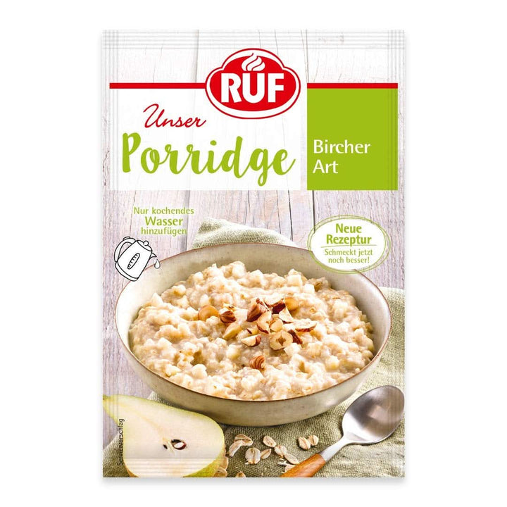 RUF Porridge Raspberry White Choc, Porridge instant cu bucăți de zmeură și ciocolată albă rasă, 65 de grame Cereale Naty Shop 65 grame Bircher - Pere si alune de padure