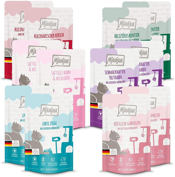 Mjamjam Mixpack V-12 X 125G, 1Pack (1 X 1,5 Kilograme) & Hrană umedă premium pentru pisici - pui suculent și somon sălbatic, 12Pack (12 X 125 G)