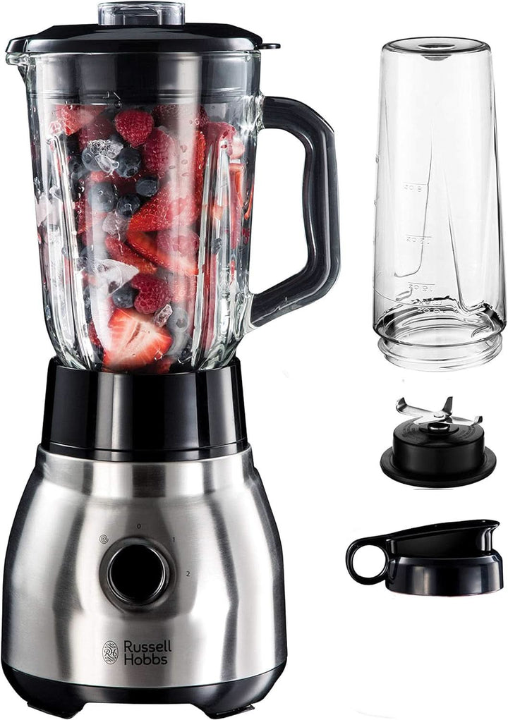 Russell Hobbs Standmixer 2-In-1 [1,5L Glasbehälter Mixer & 0,6L Mini Smoothie Maker -To-Go-Trinkflasche Inkl. Deckel] Spülmaschinenfest, Impuls-/Ice-Crush Funktion, Becher BPA Frei, Edelstahl 23821-56 Bucatarie Naty Shop Standmixer 2-In-1