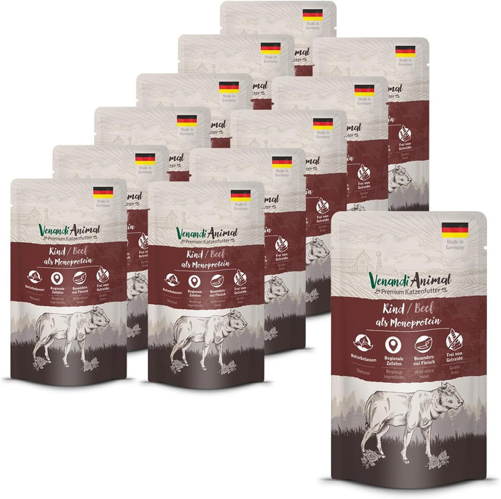 Venandi Animal - Hrană umedă premium pentru pisici - Beef as monoprotein 12-pack (12 X 125 G), fără cereale, monoproteină