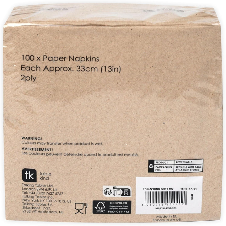 Table Kind | 100 pachet vrac Șervețele moi din hârtie reciclată, șervețele de petrecere de unică folosință maro, potrivite pentru uz zilnic, ecologice, Kraft, nealbite, compostabile, fabricate în UE, 2Ply, 33cm