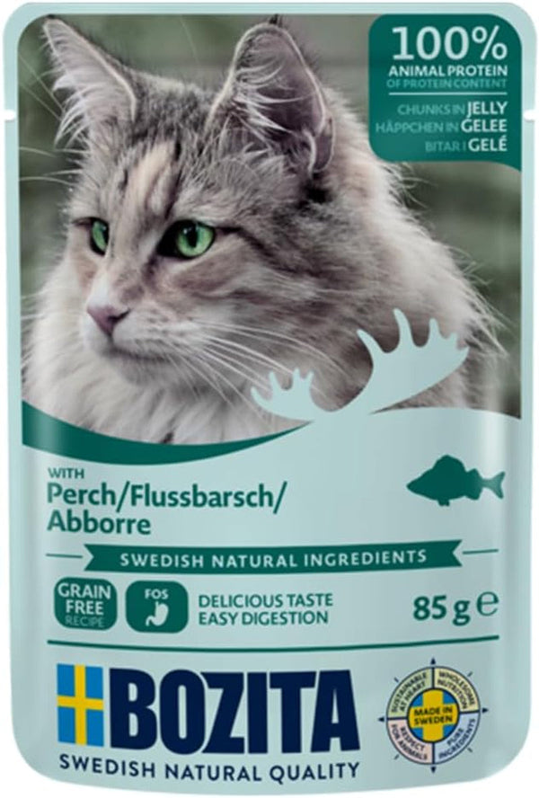 Bozita Pouch Wet Food Morsels in Jelly With Perch - 12X85G Pungă porție unică Hrană fără cereale și fără grâu pentru pisici - Hrană umedă pentru pisici adulte cu un conținut de 8,5% proteine și 4,5% grăsimi