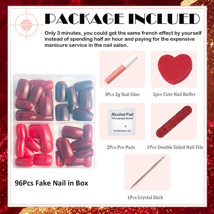 96 buc unghii scurte tip unghii acrilice roșii cu acoperire completă – Unghii artificiale lucioase de Anul Nou, naturale și confortabile pentru femei și fete (stil roșu și strălucitor)